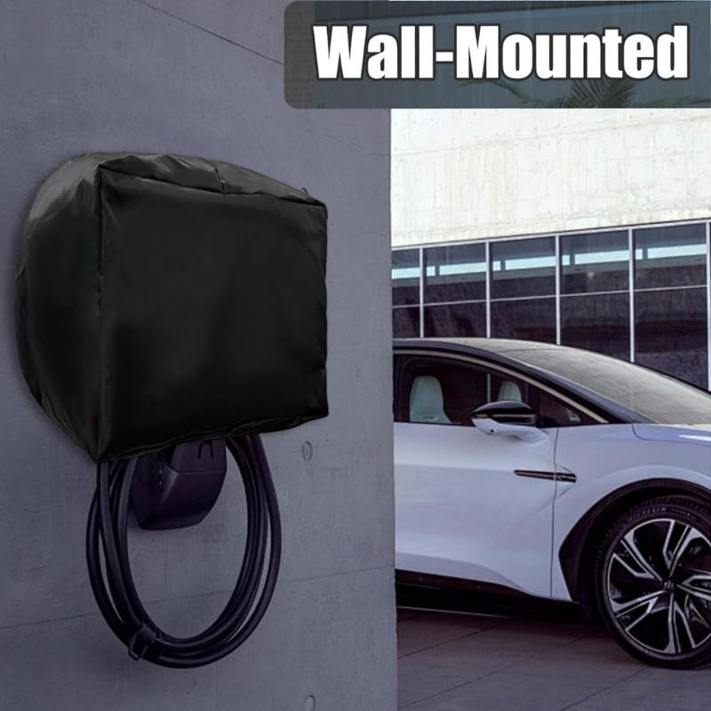 Outdoor Wall Charging Unit Cover, Black Cloth Cover for Rain Dust Contact Around a Residential Dock Housing Shell Near Garage Entry Space