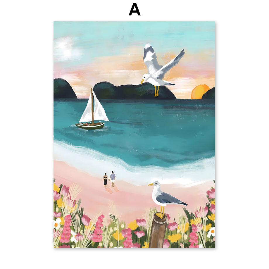 Boho Abstract Girl Lake Birds Leaf Illustration Wall Art Canvas Painting Nordic Poster And Prints Pictures For Living Room Decor