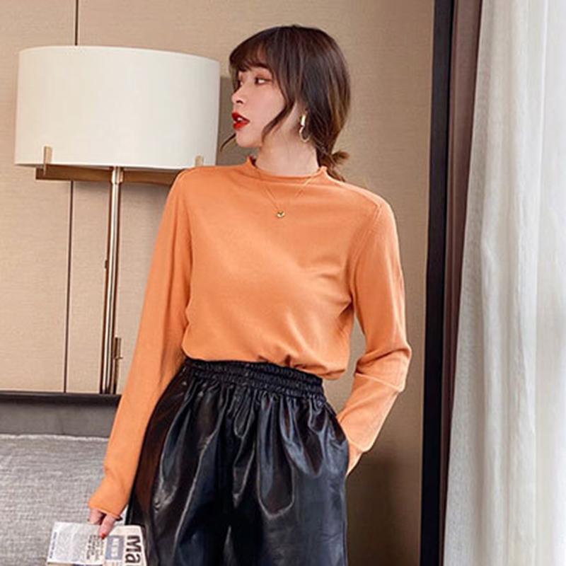 Ladies autumn winter Long Sleeve stand Collar slim fit Basic Solid Color Pullover T Shirt Top for Layering