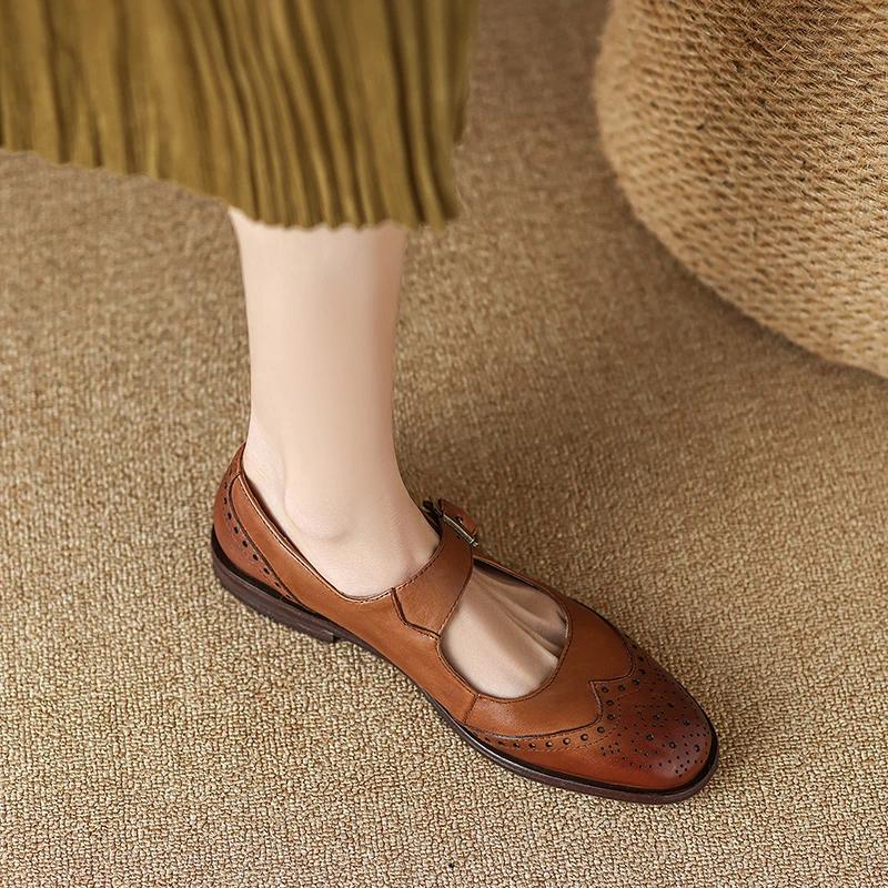 Fashion 2024 New Genuine Leather Low Heel Mary Jane Shoes Spring Women Shoes Chunky Heel Round Toe Shoes Women Pumps Retro Loafers