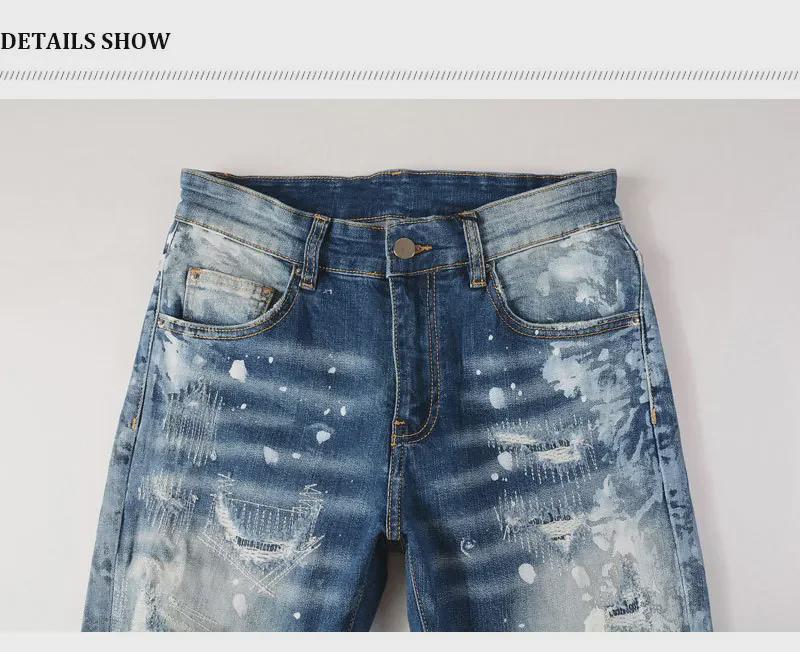 Trendy Blaue Distressed Ripped Skinny Jeans für Herren mit Farbdruck