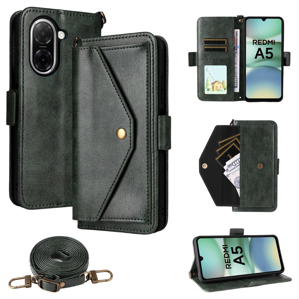 For Xiaomi Redmi A5 NFC (173.45mm) Lærveske Magnetisk lukking Lommebok Stativ Telefondeksel med crossbody-stropp