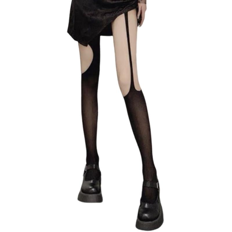 Women Aesthetic Sexy Side Crisscross Hollowed Out Thigh Stockings Tights Goth Rose Flower Patterned Suspender Pantyhose
