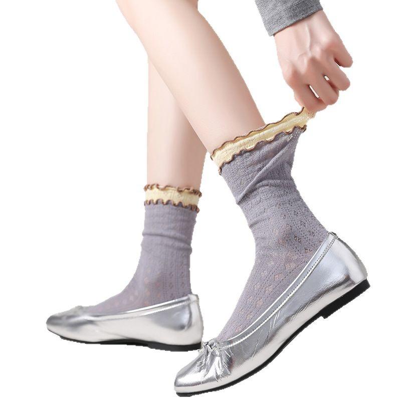 Solid-color Spring and Autumn Anti-odor Socks, Women's Mid-calf Socks, Short Socks, Simple Perforated Mesh Women's Socks