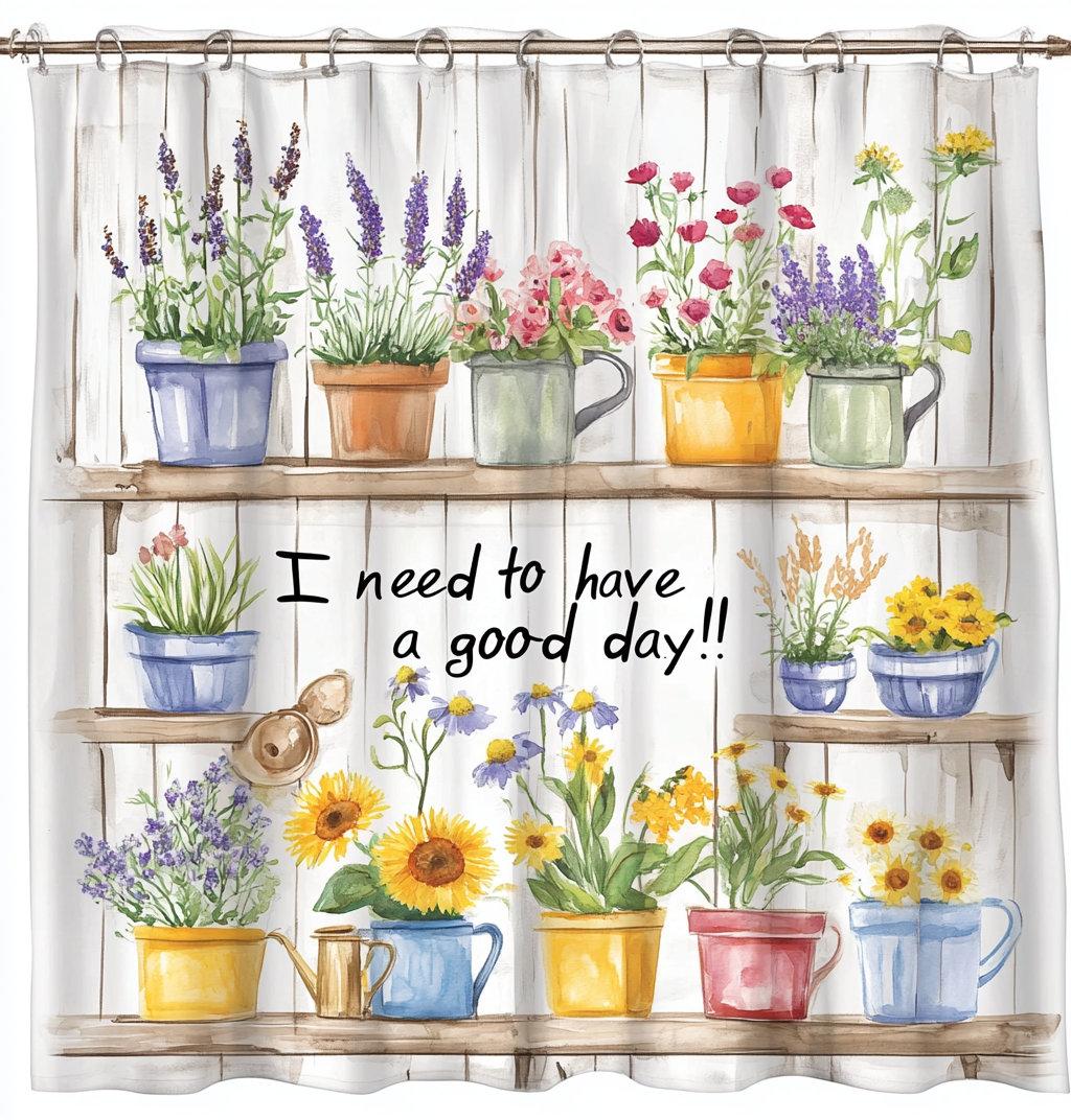 

1Pc Spring Flower Plants Potted Plants Shower Curtain,Bathroom Decorative Curtain, Printed Fabric Home Curtain With Hooks W60H190(CM)-1 Pcs
