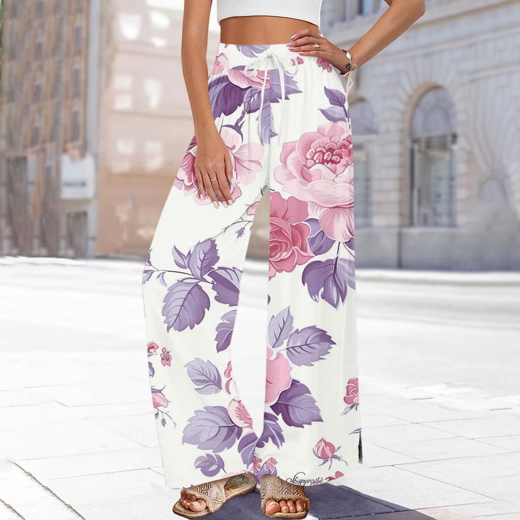 Women's Printed Wide Leg Pants With Pockets High Waist Drawstring Loose Casual Pants
