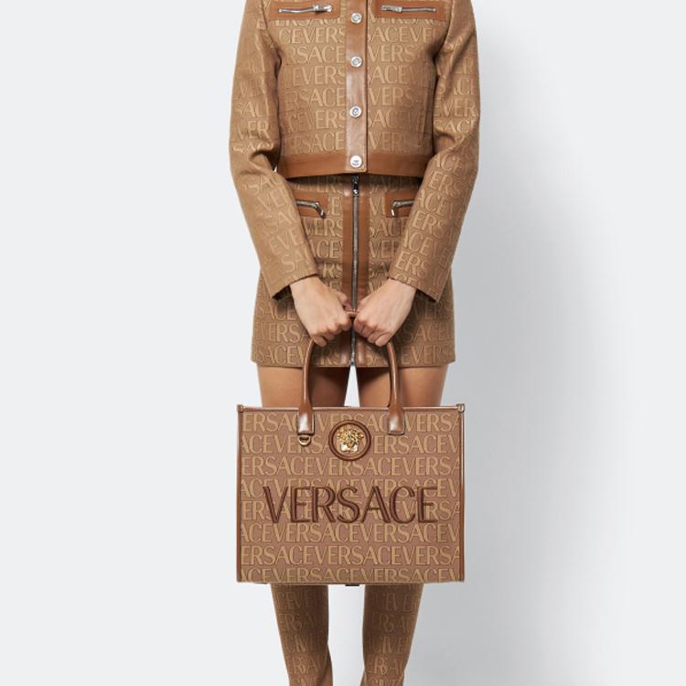 Versace Letter Embroidery Logo Medusa Classic Monogram Snap Button Tote Bag Women tote bags Brown 1004741-1A08199-2N24V
