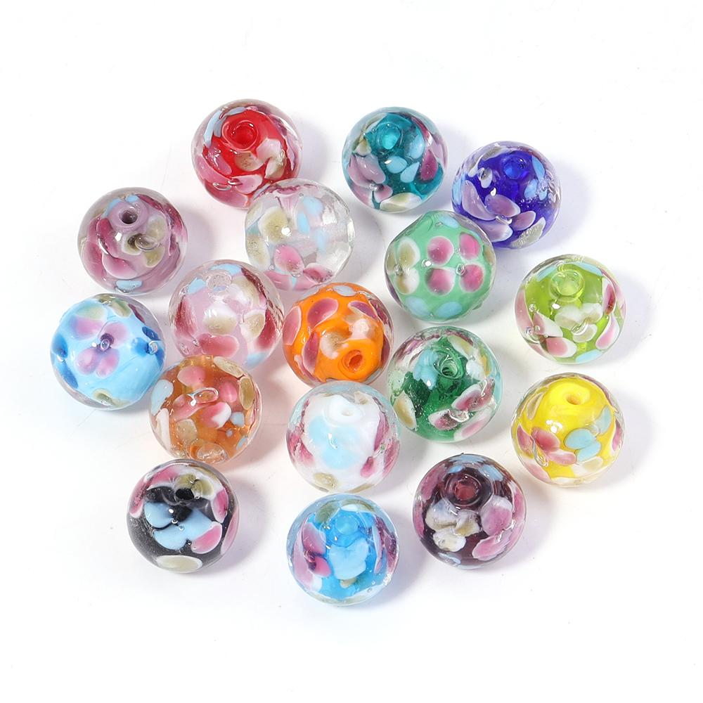 5pcs 12mm Lampwork Flower Beads Colorful Plum Blossom Glass Round Loose Beads For Jewelry Making Bracelets Earrings Accessories