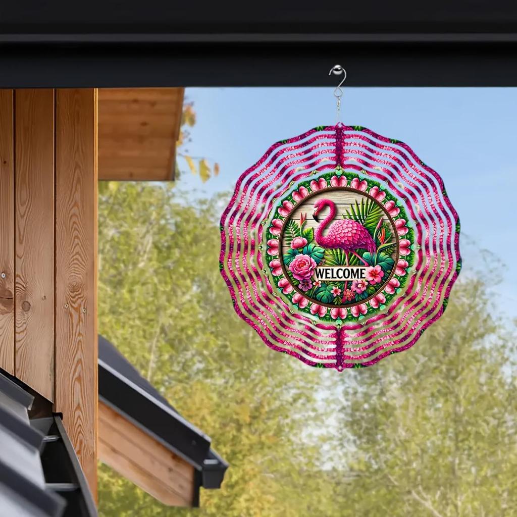 Vibrant Flamingo Wind Spinner 10 Inch 2D Kinetic Metal Hanging Ornament with Colorful Feather Design Welcome Text for Garden Yard Decor