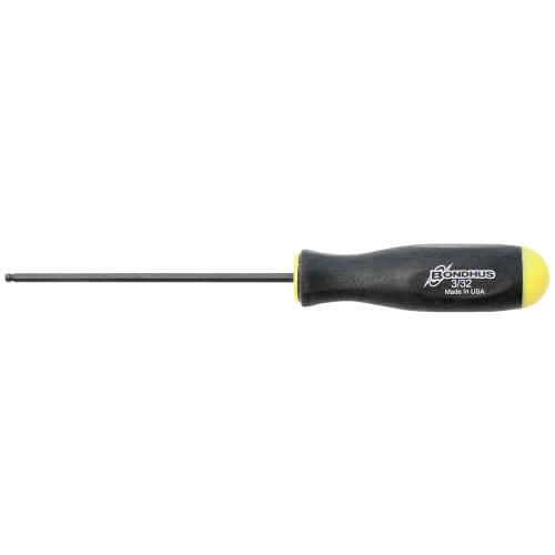 Made In USA, BONDHUS 3/32-inch Hex Ball Point Driver, Overall Length: 134mm, Shaft Length: 73mm, Grip Diameter: 16mm, Black Oxide Finish, BS3/32, No.