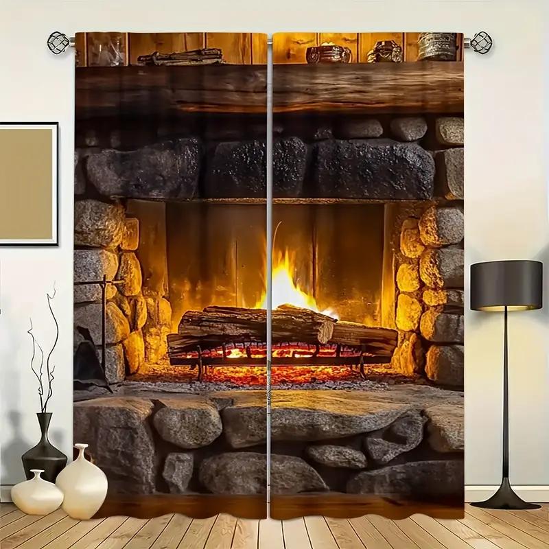 2pcs Cozy Stone Fireplace Printed Curtains, Designed for Light Filtering, Quality Material, Ideal for Winter-Themed Home Window