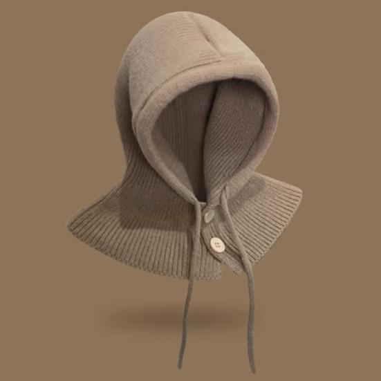 Yousheng Hooded Scarf Hat Solid Color Adjustable Drawstring Pullover Hat Buttons Closure Knitted Winter Hat Loose Fit Neck Gaiter