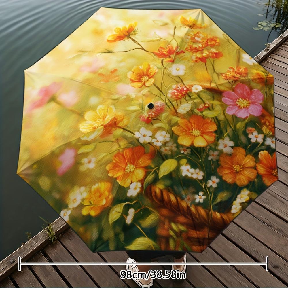 1pc Women's Automatic Umbrella with Self-Opening Button, 8-Rib Heavy-Duty Frame & -Inspired Cherry Blossom/Gardenia Floral Pri