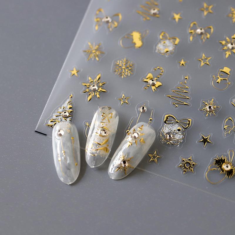 Christmas Nail Gold Snowflake Bowknot Snowman 3D Self Adhesive Nail Art Stickers Rhinestone 5D Embossed Reliefs Manicure Decals