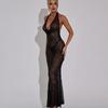 Women's Sheer Mesh Maxi Dress Sparkly Sequins See Through Halter Long Dress Deep V Neck Backless Bodycon Dress Sexy Party Outfits