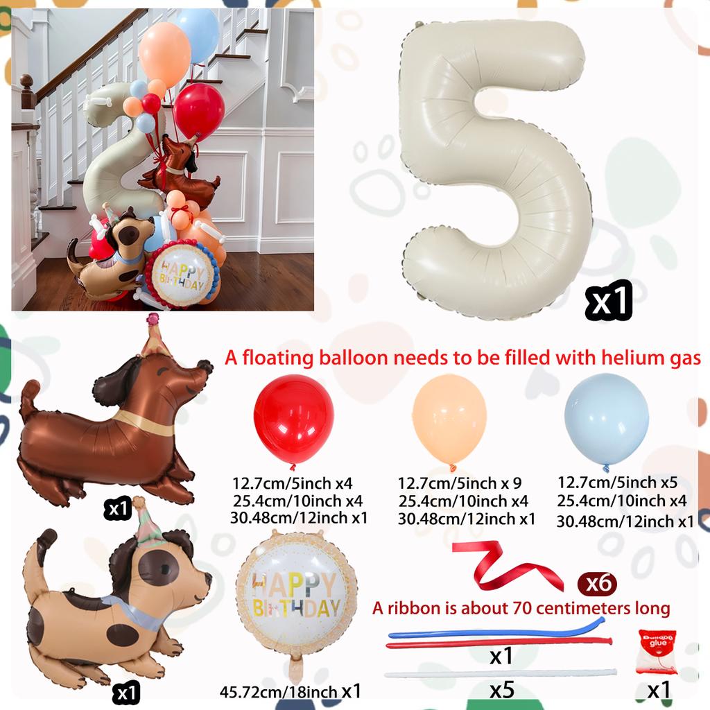 Milk white digital column balloon set with cute dog aluminum foil balloons for anniversary, birthday party decoration (0-9)