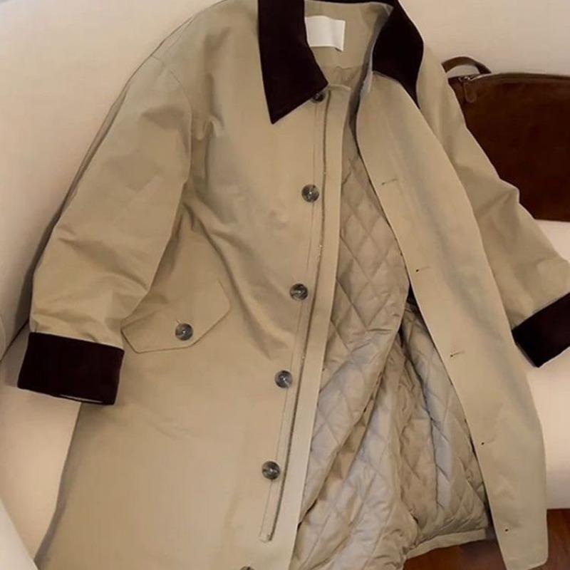 

Повседневная простая хлопковая одежда с лацканами, осенне-зимняя свободная версия, контрастный воротник, карман, средней длины, хаки тренч 4XL160-87.5kg