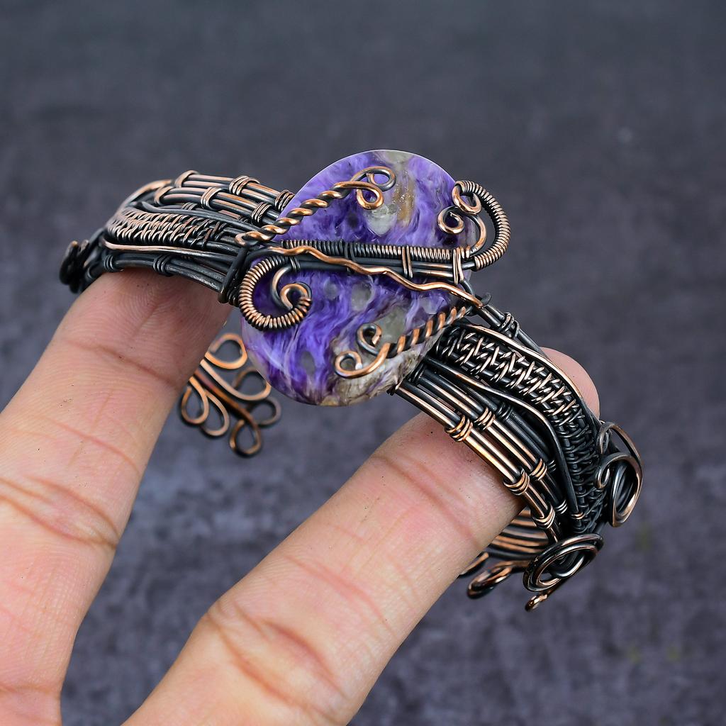 Russian Charoite Gemstone Handmade Copper Wire Wrap Cuff Bangle Adjustable L5f10