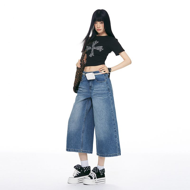 Trendy Summer Vintage Loose Wide Leg Straight Cropped Capri Denim Pants For Women Versatile Slimming FigureFlattering Daily Capri Trousers