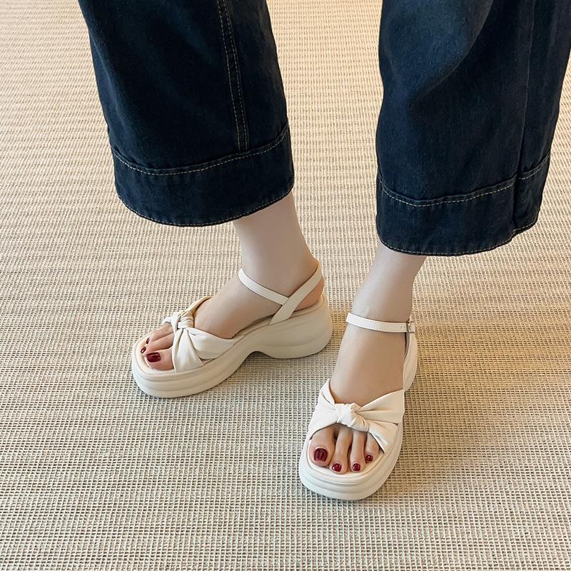 Spot~~ Platform sandals women's summer new bow thick heel with open toes Roman shoes fairy style