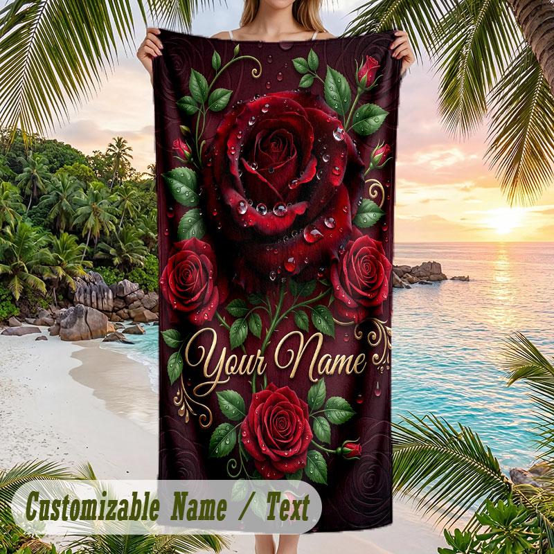Roses Elegance 4 Theme Quick Dry Beach Towel Custom Name Text Print Large Sand Resistant Towel Beach Vacation