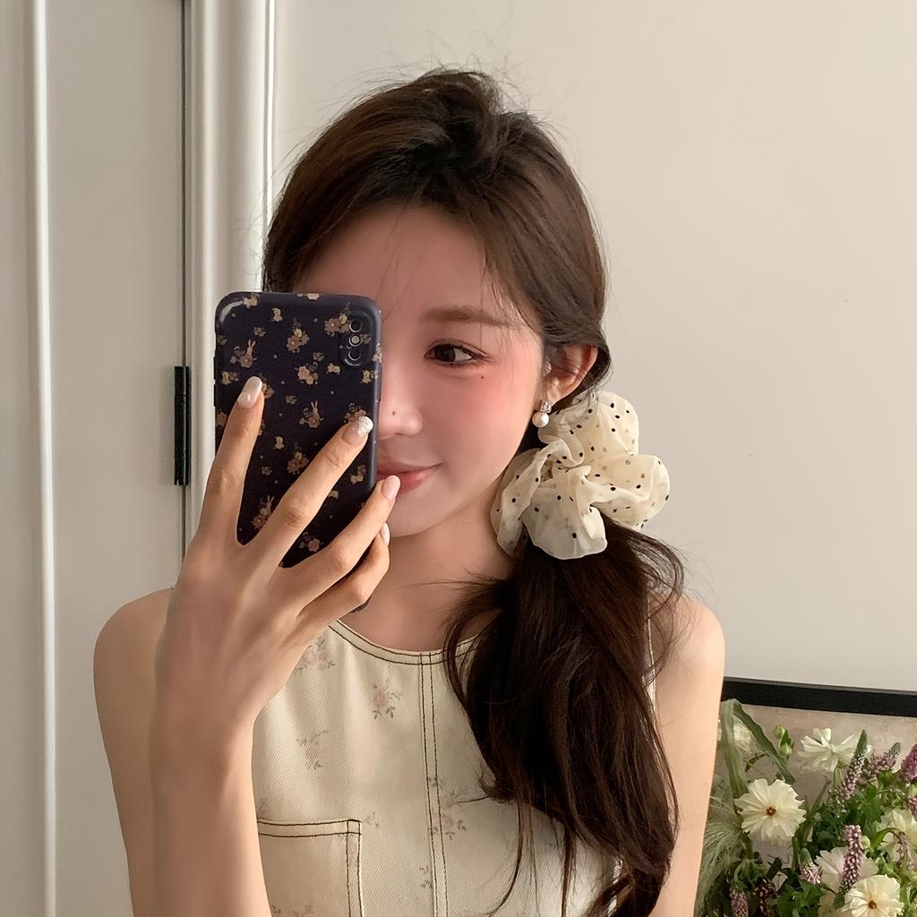 Elegant Cream Polka Dot Mesh Hair Scrunchie for Women - Soft, Breathable, Non-Slip Headband with Floral Design, Perfect for Daily Hair Accessory