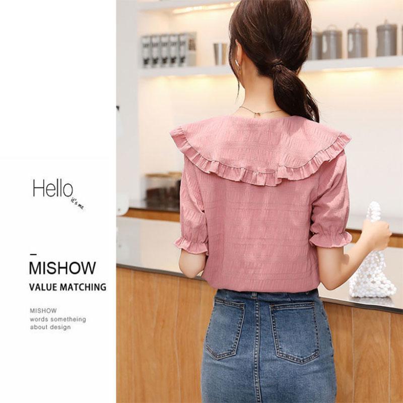 Ladies Short Sleeve Doll Collar Thin Shirt Sweet Bow Top Western Chiffon Shirt
