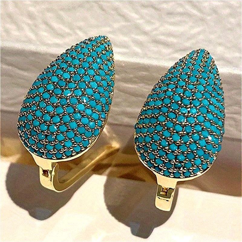 Synthetic Turquoise Inlaid Teardrop Shape Golden Plated Stud Earrings Women's Elegant Banquet Jewelry Accessories Crafts
