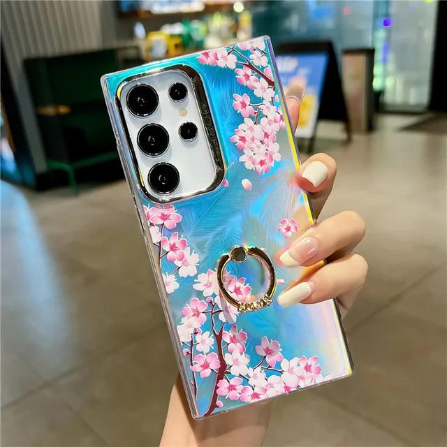 Suport pentru telefon cu inel cu diamante de ultimă generație, husă cu flori cu rază pentru Samsung A55 A35 A15 A25 S24 S23 FE A54 A14 A34 S22 Ultra