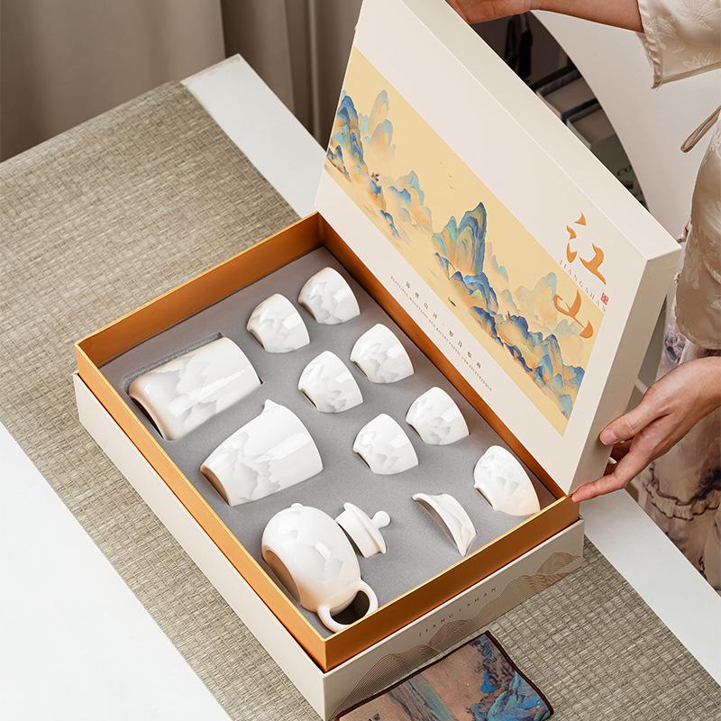 High-end business souvenir dehua suet jade Chinese ink landscape set portable Jiangshan gift box enterprise