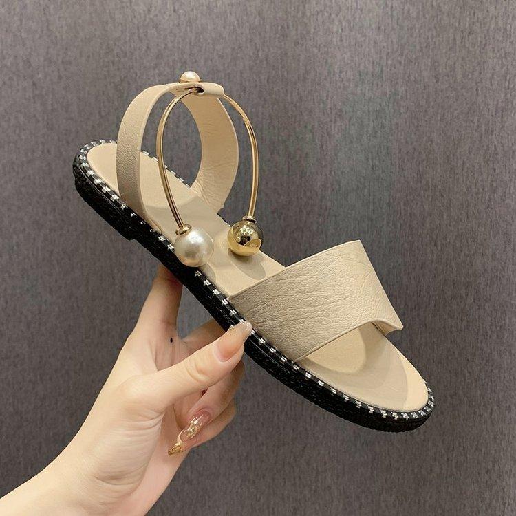 Dámské letní sandály s otevřenou špičkou, jednoduché ploché římské sandály, dámské boty s perlovou přezkou, plážové sandály