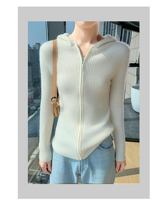 Women's Slim Fit Cashmere Wool Hooded Cardigan - 100% Pure Wool, Zippered, Autumn/Winter Knit Sweater Coat