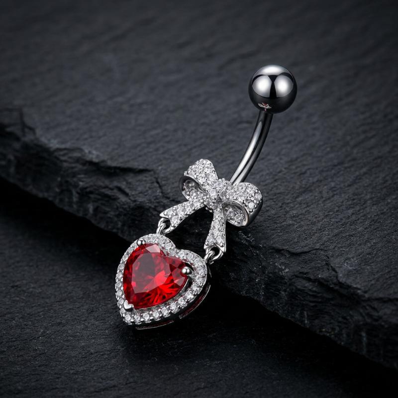 Stainless Steel Hypoallergenic Navel Belly Button Rings Cute CZ Heart Bow Decor Body Jewelry for Summer Beach Wear