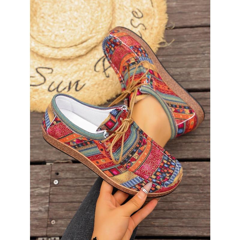 Printed Ethnic Style Lace-up Casual Shoes 2025 Autumn New Plus-size Flat Low-top Shoes for Women