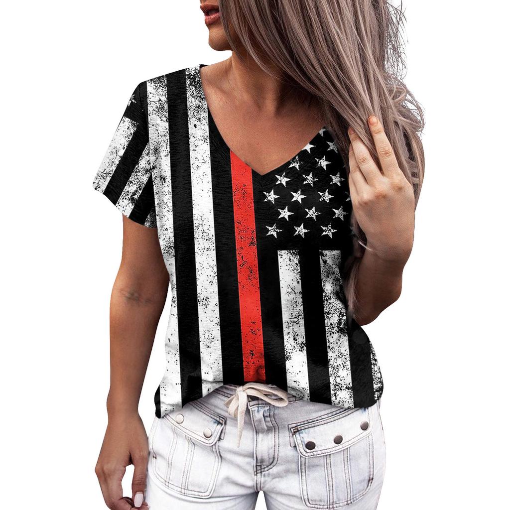Summer Women Floral Print V Neck Short Sleeve Loose 3D T Shirt