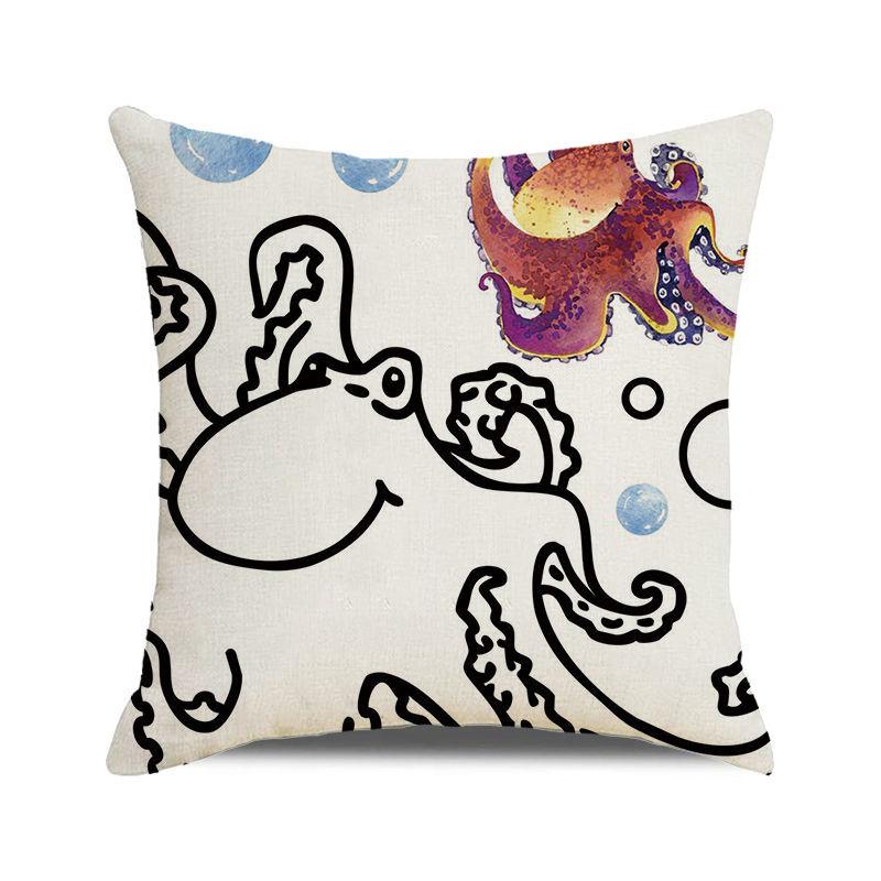 Watercolor Illustration of Octopus Squid Digital Printing Short Plush Pillow Covers for Car Sofa Office Cushion Cover Home Goods