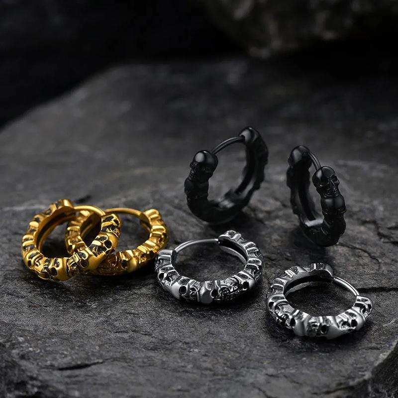 Cao Shi Men's Skull Retro Texture Earrings - Trendy European & American Hip-Hop Style.