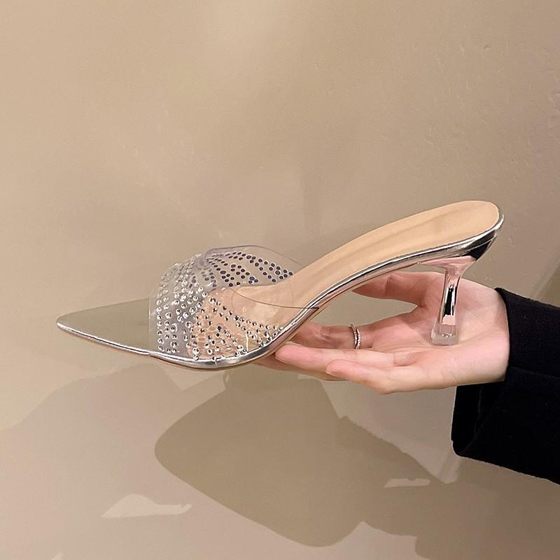 Sommer Neue Slipper Damenmode Runde Zehenpartie Strass Slipper Zehenfrei Abriebfest Hohe Absätze