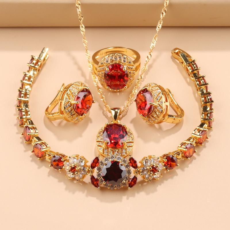 Luxury Wedding Bridal Costume Jewelry Accessory  Gold Plated Women'S Earrings Necklace Pendant Bracelet And Ring Gift Sets