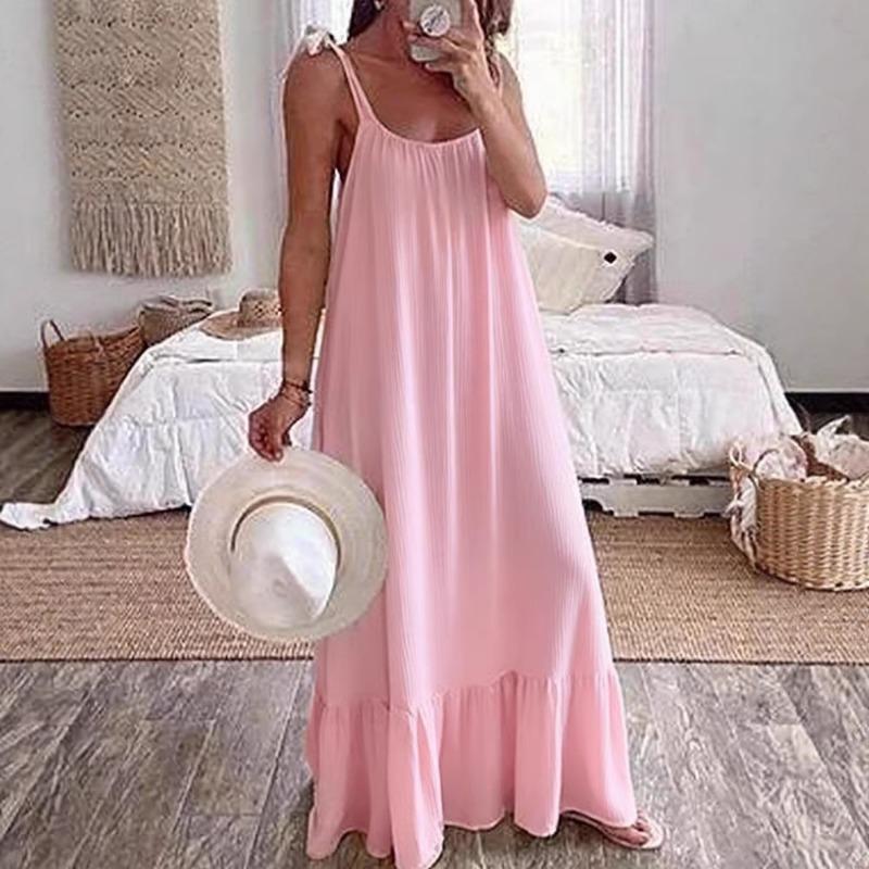 New Women's Casual Suspender U-neck Regular Pleated Multi-color Women's Dress Long Skirt