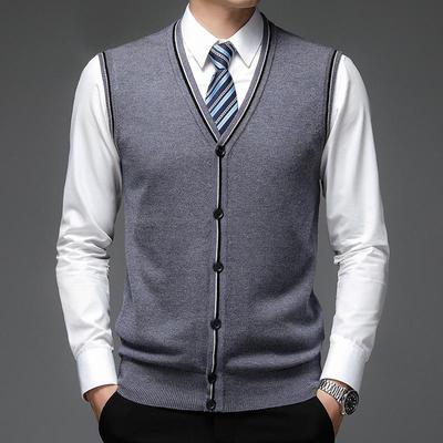 Men's Middle-Aged V-Neck Wool Vest: Knitted Cardigan, Pure Cashmere Sleeveless Sweater for Autumn and Winter.
