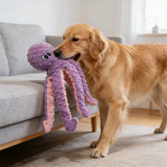 Plush Octopus Dog Toy Squeaky Crinkle Paper Chew Toy Interactive Soft Stuffed Puppy Teething Toy for Tug-of-War Small Medium Large Dogs