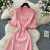 Summer Autumn Pink Button-Down Short Sleeve Short Knit Dress for Women Elegant Turn Down Collar Single-breasted Ruffles Slim Sweater Dresses