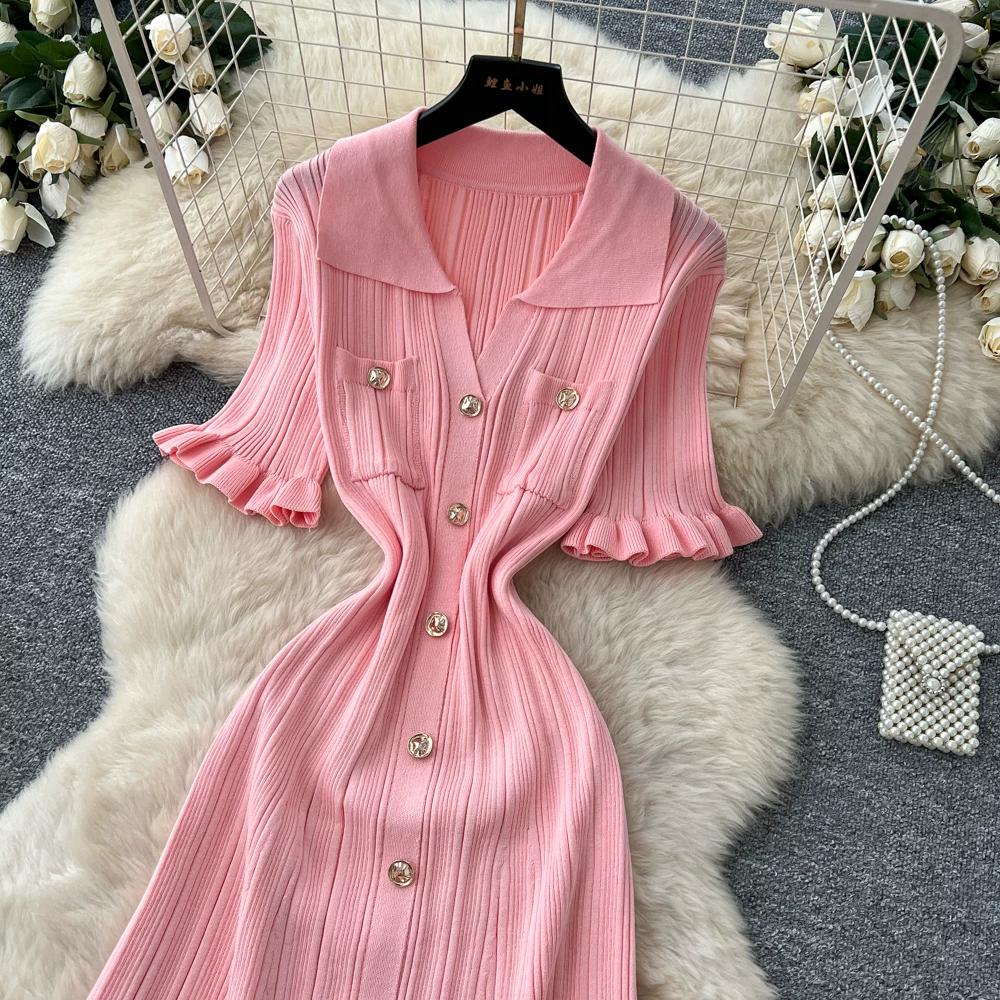 Summer Autumn Pink Button-Down Short Sleeve Short Knit Dress for Women Elegant Turn Down Collar Single-breasted Ruffles Slim Sweater Dresses
