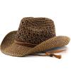 Retro Wide Brim Sunscreen Straw Hat Solid Color Hollow Out Cowgirl Visor Cap Breathable Bucket Hat Western Cowboy Hat Girl