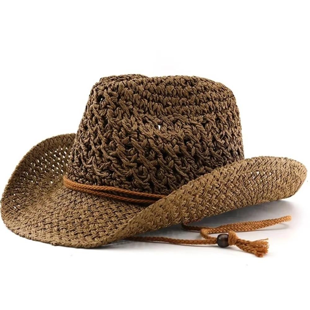 Retro Wide Brim Sunscreen Straw Hat Solid Color Hollow Out Cowgirl Visor Cap Breathable Bucket Hat Western Cowboy Hat Girl