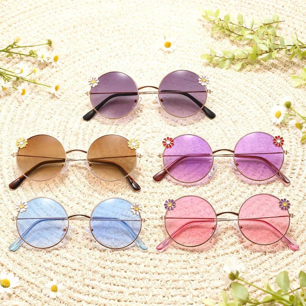 2026 UV400 Retro New Children's Sunglasses Round Frame Flower Baby Outing Sunshade Concave Style Dressing Photo Sunglasses