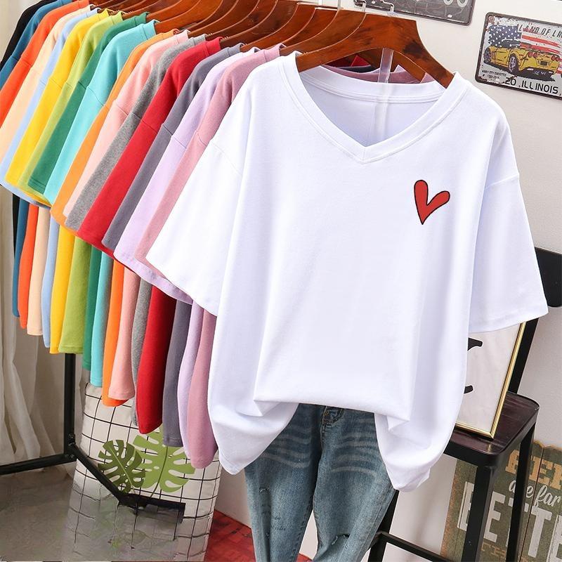 

Short-sleeved T-shirt for Women, Large Size, Loose and Slimming, Printed V-neck Top S білий