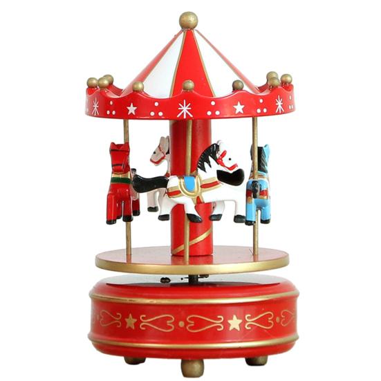 Miniature Horse Carousel Wooden Music Box with Rotating Merry-Go-Round Horses, Wind-Up Musical Figurine Nursery Decor for Baby Room Home Decor,
