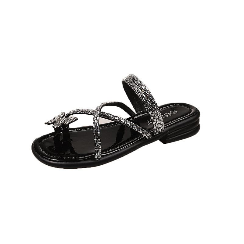 Summer new cool slippers flat-bottomed fashion women's rhinestones with Roman tide bow one-word beach women's shoes